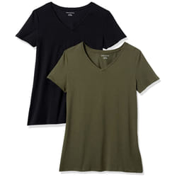 Amazon Essentials Women's Classic-Fit Short-Sleeve V-Neck T-Shirt  Pack of 2  Olive/Black  Small