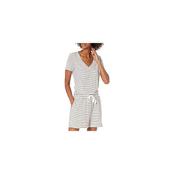 Amazon Essentials Women's Supersoft Terry Short-Sleeve V-Neck Romper (Previously Daily Ritual)  White/Black  Stripe  Medium