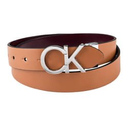 Calvin Klein Women's Two-in-one Reversible Ck Monogram Plaque Buckle  Tan/Red  Medium