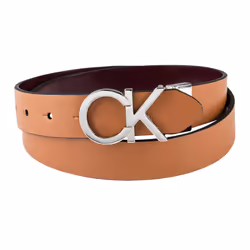 Calvin Klein Women's Two-in-one Reversible Ck Monogram Plaque Buckle  Tan/Red  Large