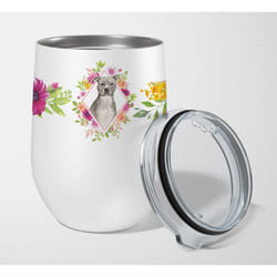 Caroline's Treasures Blue Pit Bull Terrier Pink Flowers Stainless Steel 12 oz Stemless Wine Glass travel-insulated-tumblers  Multicolor