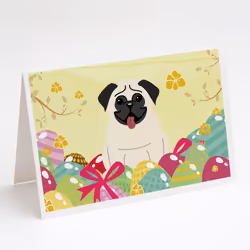 Easter Eggs Pug Cream Greeting Cards and Envelopes Pack of 8