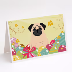 Easter Eggs Pug Fawn Greeting Cards and Envelopes Pack of 8