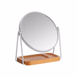 Round Dressing Tabletop Mount Mirror with Rectangle Bamboo Tray --1X/5X Magnification, Silver, 18.3 cm x 8.5 cm (L x W)
