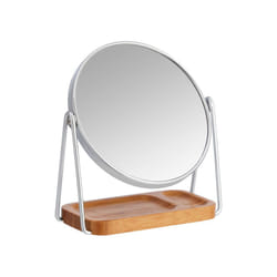 Round Dressing Tabletop Mount Mirror with Rectangle Bamboo Tray --1X/5X Magnification, Silver, 18.3 cm x 8.5 cm (L x W)