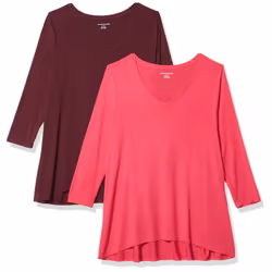 Amazon Essentials Womens 34 Sleeve V-Neck Swing T-Shirt (Available in Plus Size)  Pack of 2  Bright PinkBurgundy  X-Large