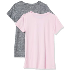 Amazon Essentials Womens Tech Stretch Short-Sleeve crewneck T-Shirt (Available in Plus Size)  Pack of 2  grey Space DyeLight Pink  X-Small