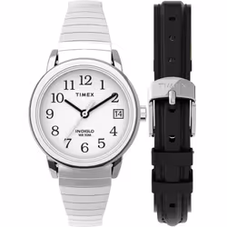 Timex Women's Easy Reader 25mm Watch Box Set - Silver-Tone Case White Dial with Tapered Expansion Band + Black Leather Strap