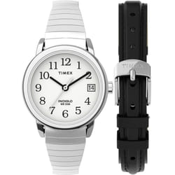 Timex Women's Easy Reader 25mm Watch Box Set - Silver-Tone Case White Dial with Tapered Expansion Band + Black Leather Strap