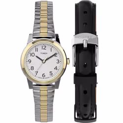 Timex Women's Essex Avenue 25mm Watch Box Set - Two-Tone Case White Dial with Two-Tone Expansion Band + Black Leather Strap