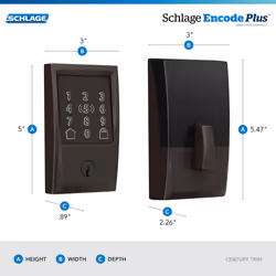 Schlage BE499WBCEN716 Encode Plus Century WiFi Deadbolt Smart Keyless Entry Touchscreen Door Lock  Aged Bronze (Pack of 1)