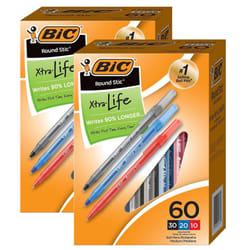 Round Stic Xtra Life Ballpoint Pens  Medium Point (1.0mm)  Assorted  60 Per Box  2 Boxes
