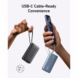 Nano Power Bank, 10,000mAh Portable Charger with Built-In USB-C Cable, PD 30W Output with 1 USB-C, 1 USB-A, Fast Charging Battery Pack for iPhone