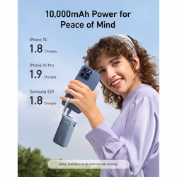Nano Power Bank, 10,000mAh Portable Charger with Built-In USB-C Cable, PD 30W Output with 1 USB-C, 1 USB-A, Fast Charging Battery Pack for iPhone