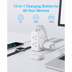 Tower Extension Lead with USB Slots, 12-in-1 Surge Protector Plug Extension Socket with Switch (13A, 2990W), 20W USB C Fast Charging Power Strip, 8 AC