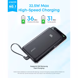 Anker Zolo Power Bank, 10,000mAh Portable Charger 22.5W Output with Built-in USB-C Cable, Black - Additional view 2