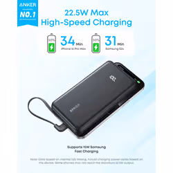 Anker Zolo Power Bank, 10,000mAh Portable Charger 22.5W Output with Built-in USB-C Cable, Black - Additional view 2