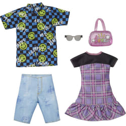 Barbie & Ken Fashions 2-Pack Clothing & Accessories Set  1 Plaid Dress & Purse for Barbie Doll & 1 Smiley Face Shirt  Denim Shorts & Sunglasses for Ke