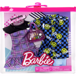 Barbie & Ken Fashions 2-Pack Clothing & Accessories Set  1 Plaid Dress & Purse for Barbie Doll & 1 Smiley Face Shirt  Denim Shorts & Sunglasses for Ke
