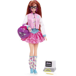 Barbie Rewind Doll, '80s Edition Schoolin' Around Outfit with Varsity Jacket, Acid-Washed Skirt and Rad Accessories