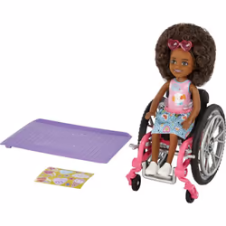 Barbie Chelsea Doll & Wheelchair with Moving Wheels  Ramp  Sticker Sheet & Accessories  Small Doll with Curly Brown Hair