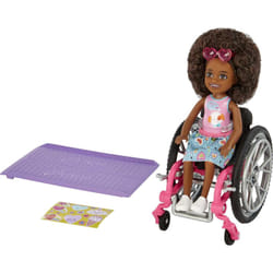 Barbie Chelsea Doll & Wheelchair with Moving Wheels  Ramp  Sticker Sheet & Accessories  Small Doll with Curly Brown Hair