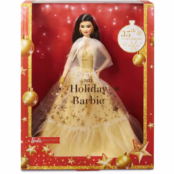 Barbie Signature Doll 2023 Holiday Collectible with Golden Gown & Black Hair Doll Stand & Displayable Packaging