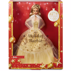 Barbie Signature Doll  2023 Holiday Collectible with Golden Gown & Light Brown Hair  Doll Stand & Displayable Packaging
