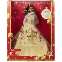 Barbie Signature Doll  2023 Holiday Collectible with Golden Gown & Dark Brown Hair  Doll Stand & Displayable Packaging