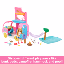 Barbie Chelsea 2-in-1 Camper Playset with Small Doll, 2 Pets & 15 Accessories