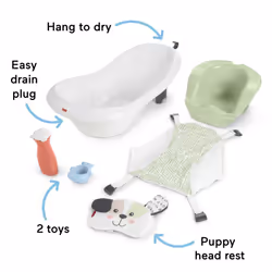 Fisher-Price Baby to Toddler Bath 4-in-1 Sling n Seat Tub with Removable Infant Support and 2 Toys  Puppy Perfection