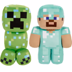 Mattel Minecraft Plush Figure 2-Pack Steve in Diamond Armor & Charged Creeper Set Soft Character Dolls in 8-inch Scale