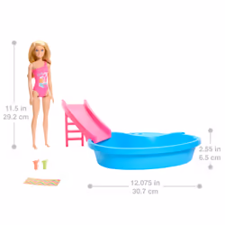 Barbie Doll and Pool Playset, Blonde with Pool, Slide, Towel and Drink Accessories