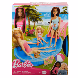 Barbie Doll and Pool Playset, Blonde with Pool, Slide, Towel and Drink Accessories