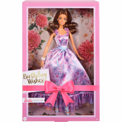 Barbie Signature Birthday Wishes Doll  Collectible in Satiny Lilac Dress with Wavy Brown Hair and Giftable Packaging