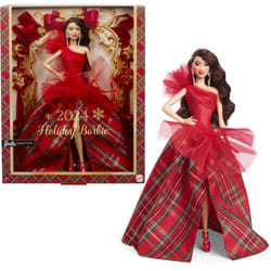Barbie 2024 Holiday Barbie Dolls  Seasonal Collector Toy  Barbie Signature  Plaid Gown with Red Bow  Displayable Packaging  Dark Brown Hair