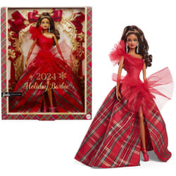 Barbie 2024 Holiday Barbie Dolls  Seasonal Collector Toy  Barbie Signature  Plaid Gown with Red Bow  Displayable Packaging  Light Brown Hair