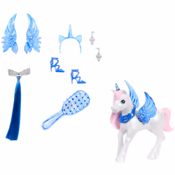 Barbie A Touch of Magic Unicorn Toy, 65th Anniversary Commemorative Doll with Blue Hair, Pink Gown and Accessories