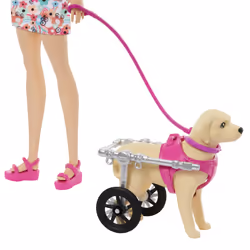 Barbie Doll with a Toy Pup and Dog in a Wheelchair, Plus Pet Accessories