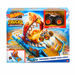 Hot Wheels Monster Trucks Arena Smashers Treasure Chomp Challenge Playset with 1:64 Scale Tiger Shark Toy Truck & Crushed Car ...