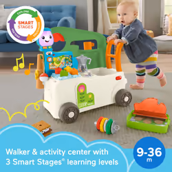 Fisher-Price Baby to Toddler Toy Laugh & Learn 3-in-1 On-the-Go Camper Walker & Activity Center with Smart Stages for Ages 9+ Months  Tan/Green