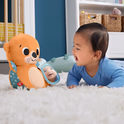 Fisher-Price 2-in-1 Rockin’ Tummy Time Otter Plush Toy with Soft Book for Newborn Sensory Play