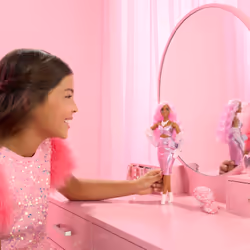 Barbie Deluxe Style Doll #1 in Glossy Pink Barbiecore Dress with Velvet Gloves, Pink Hair