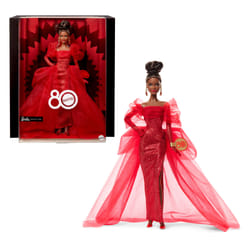 Barbie Signature Collectible Doll for Mattel 80th Anniversary, Glittery Red Tulle Gown, Brunette