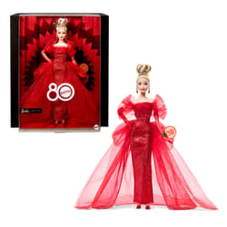 Barbie Signature Collectible Doll for Mattel 80th Anniversary, Glittery Red Tulle Gown, Blonde Hair
