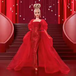 Barbie Signature Collectible Doll for Mattel 80th Anniversary, Glittery Red Tulle Gown, Blonde Hair
