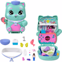 Polly Pocket Dolls and Playset  Set Sail Kitty Compact  Travel Toy with 1 Micro Doll  Pet Cats  Food & Fashion Styling Access ...
