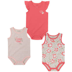 Calvin Klein Girls' 3 Pieces Pack Bodysuits  Coral Reef/Oatmeal/Print  18M