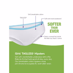 Hanes girls Hanes Girls' 100% Cotton Tagless Panties  Available in 10 and 20 Pack Hipster Panties  Pack - Assorted  12 US