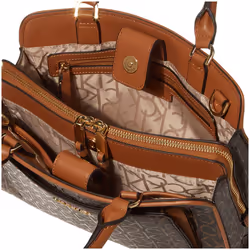 Calvin Klein Margot Textured Logo Satchel  Brown/Khaki/Caramel Embosse